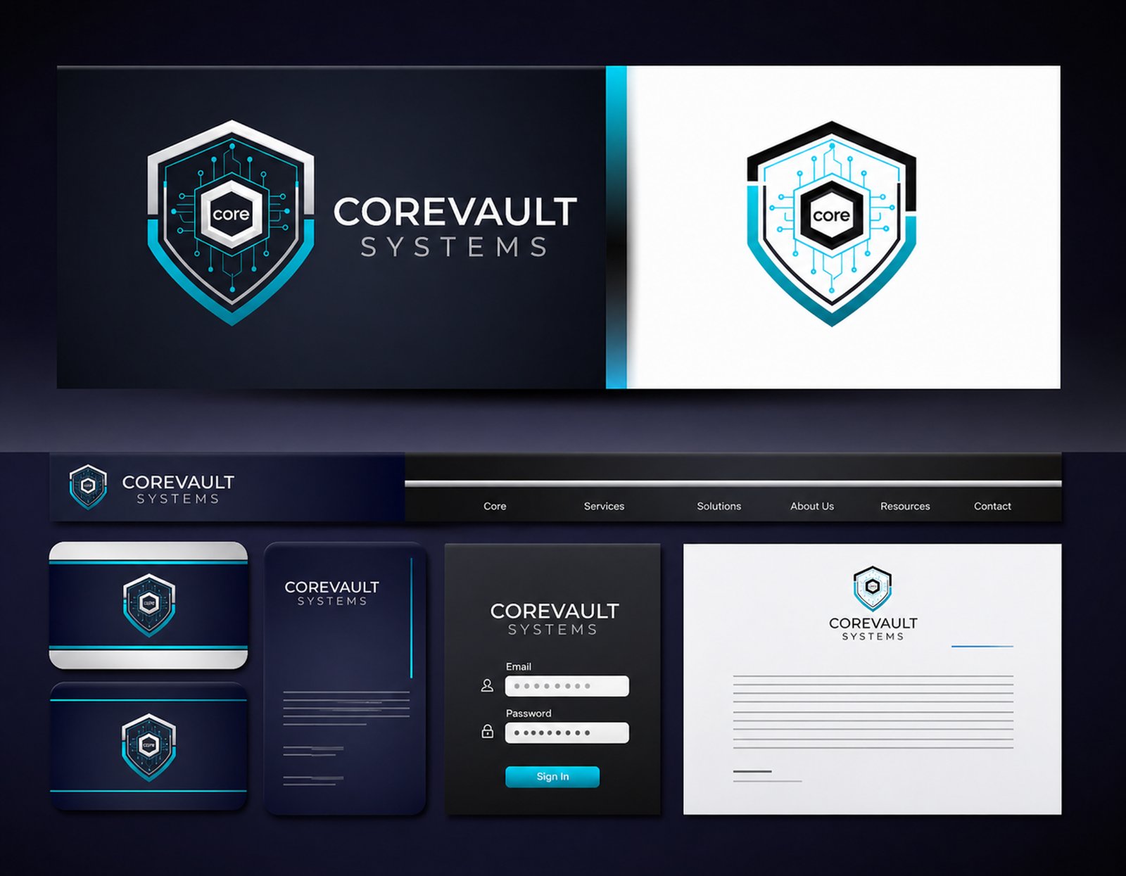 Corevault Systems UI ve kartvizit mockup'ı