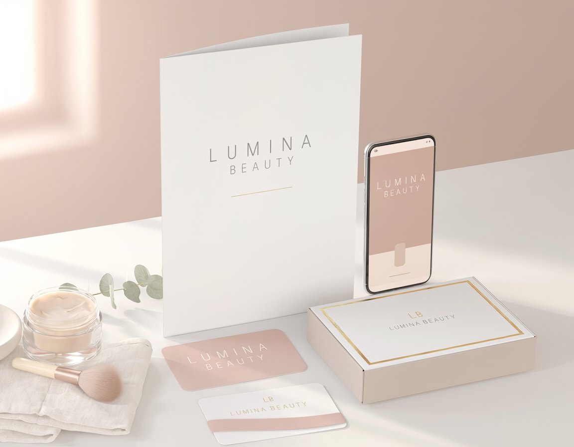 Lumina Beauty krem, klasör ve telefon mockup'ı
