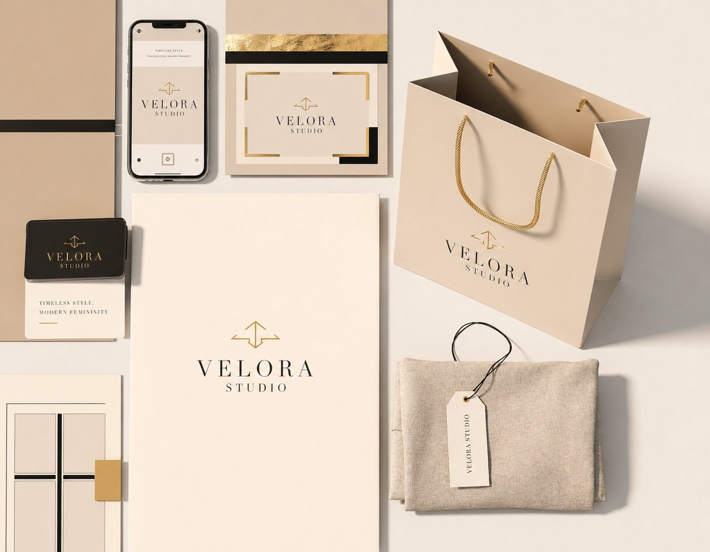 Velora Studio kartvizit, çanta ve etiket mockup'ı